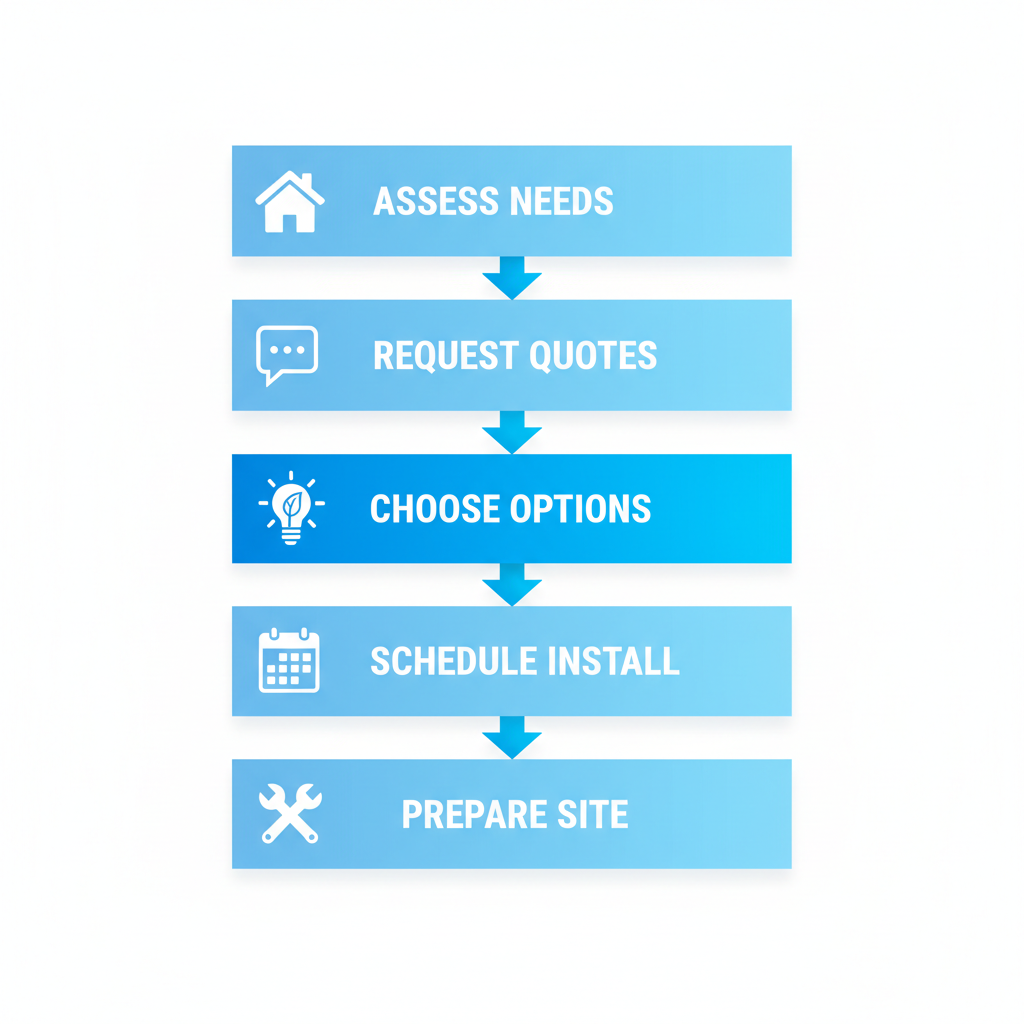 Vertical process flow diagram illustrating five steps to begin an HVAC project with icons for assessment, quotes, options, scheduling, and preparation.