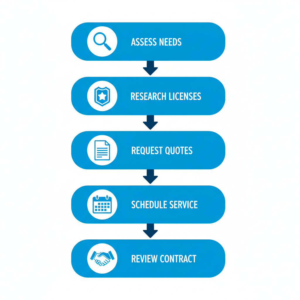 Vertical process flow diagram showing five steps to hire an HVAC contractor with icons and labels