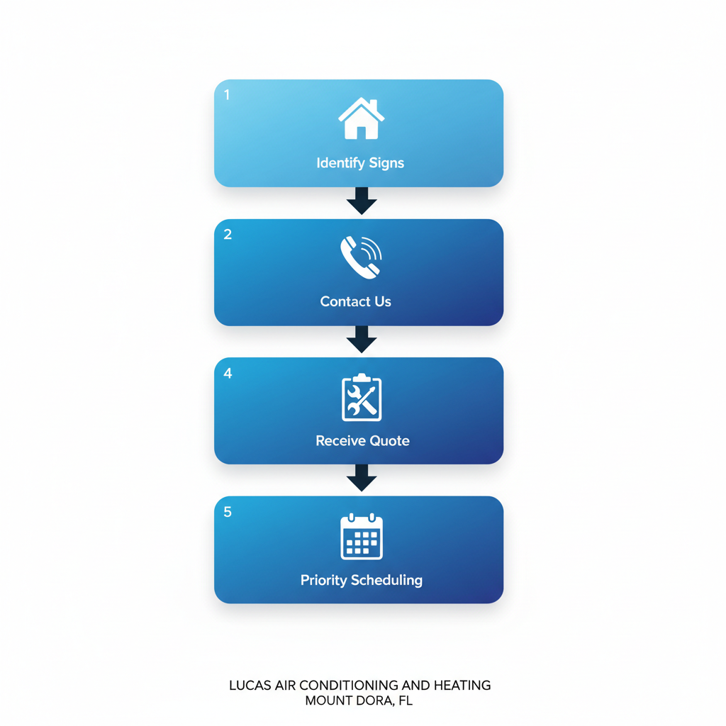 Vertical process flow illustrating five steps to schedule HVAC service in Mount Dora, including identifying signs, contacting, receiving quote, preparing, and scheduling.