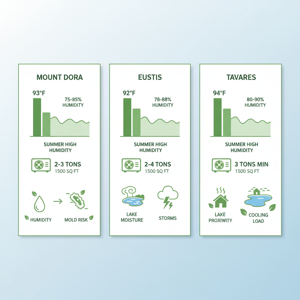 Infographic comparing HVAC sizing and climate challenges in Mount Dora, Eustis, and Tavares, Central Florida.
