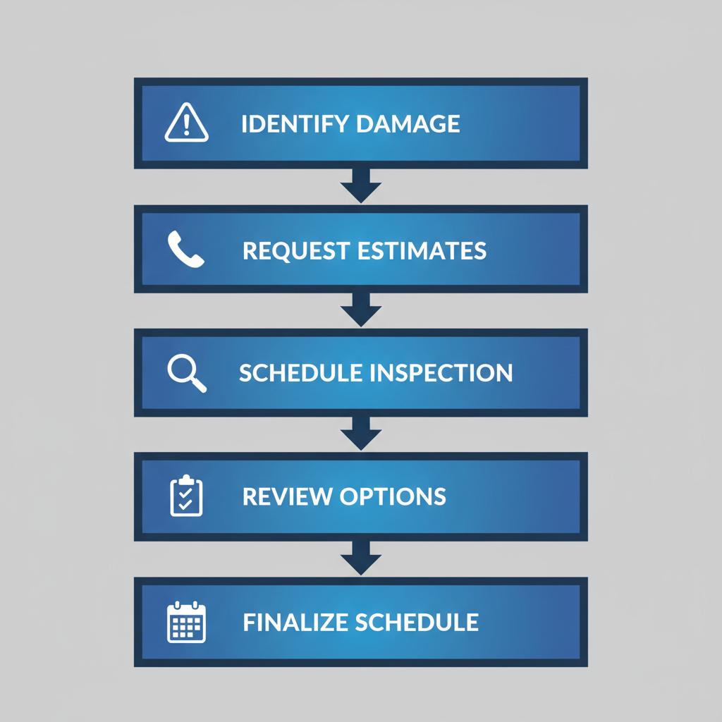 Vertical process flow diagram illustrating five steps to hire a roofing contractor: identify damage, request estimates, schedule inspection, review options, and finalize schedule.