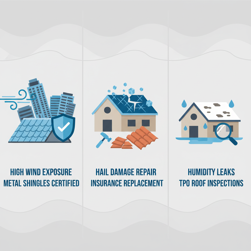 Infographic of roofing challenges and solutions in Corpus Christi neighborhoods including wind, hail, and humidity issues.