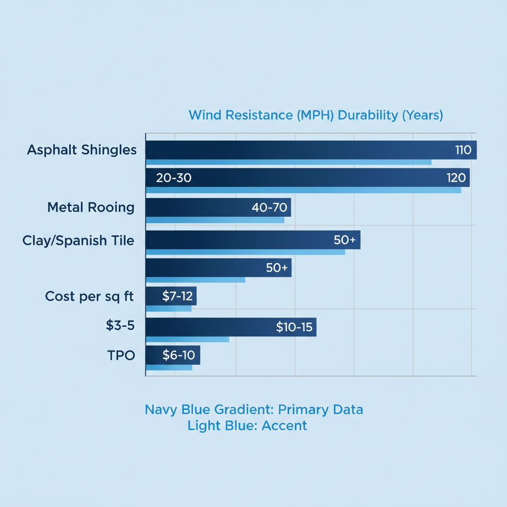 Horizontal bar chart comparing wind resistance, durability, and cost of roofing materials: Asphalt Shingles, Metal Roofing, Clay/Spanish Tile, and TPO for Corpus Christi's climate.