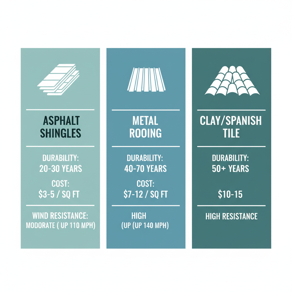 Infographic comparing roofing materials: asphalt shingles, metal roofing, and clay tiles for coastal durability, cost, and wind resistance.