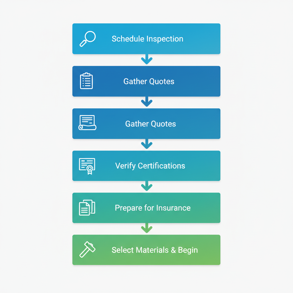 Vertical flowchart illustrating five key steps to initiate a roofing project: scheduling inspection, gathering quotes, verifying certifications, preparing insurance, and selecting materials to begin.