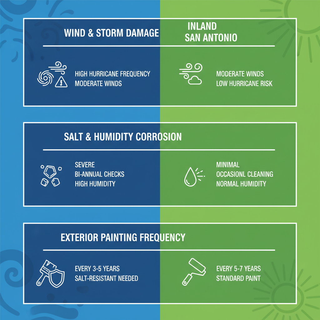 Infographic illustrating exterior home maintenance differences between coastal Corpus Christi and inland Texas areas, covering wind damage, corrosion, and painting needs.