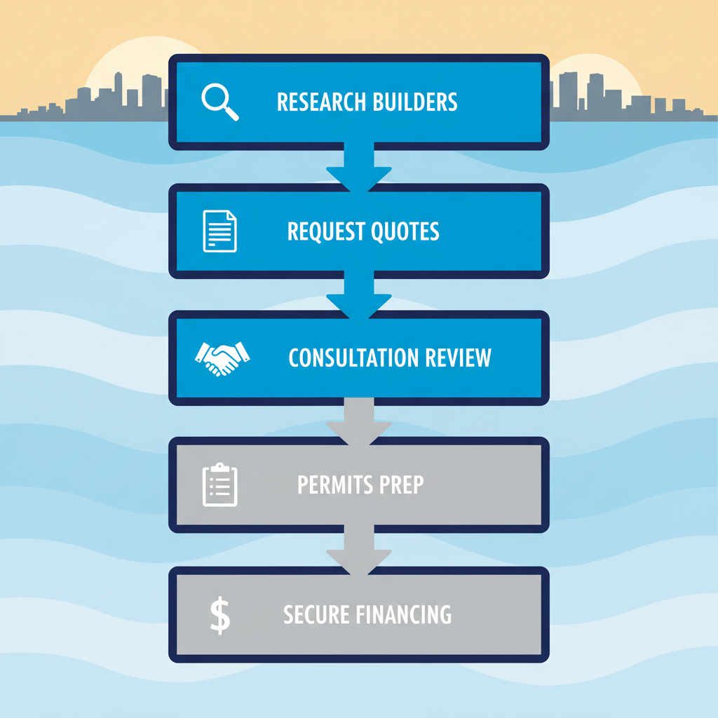 Vertical process flow diagram showing five steps to start a deck project in Corpus Christi with icons and brief labels.