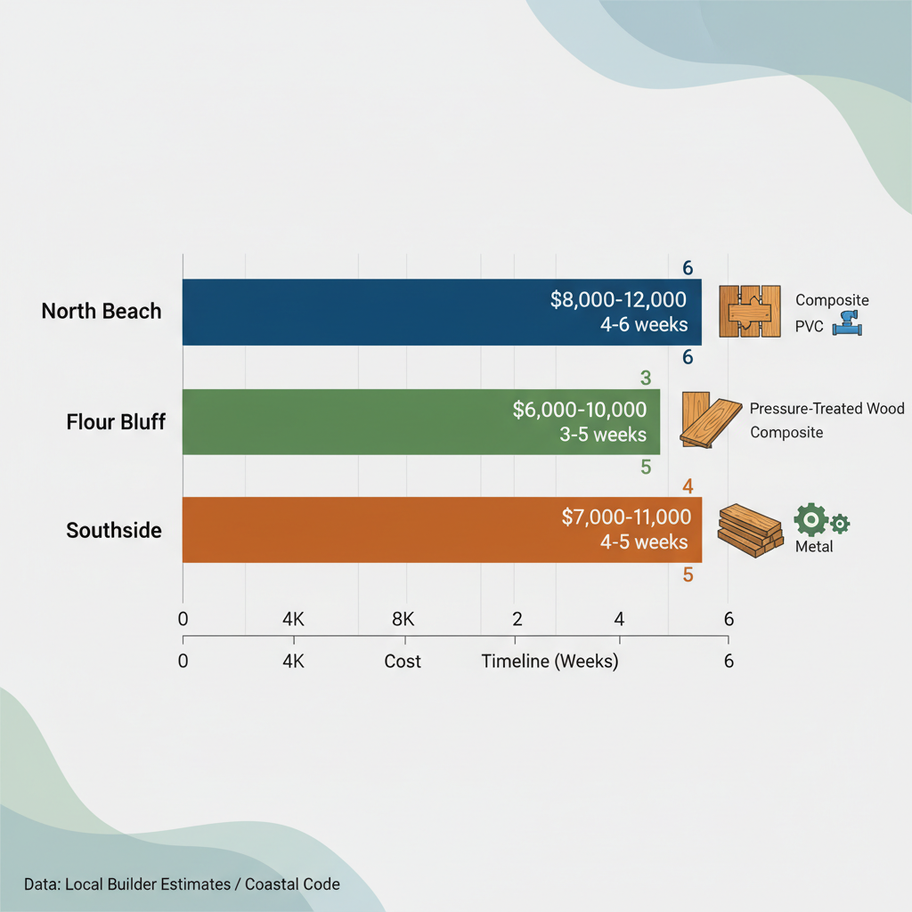 Horizontal bar chart comparing deck building costs, timelines, and materials across three Corpus Christi neighborhoods: North Beach, Flour Bluff, and Southside.