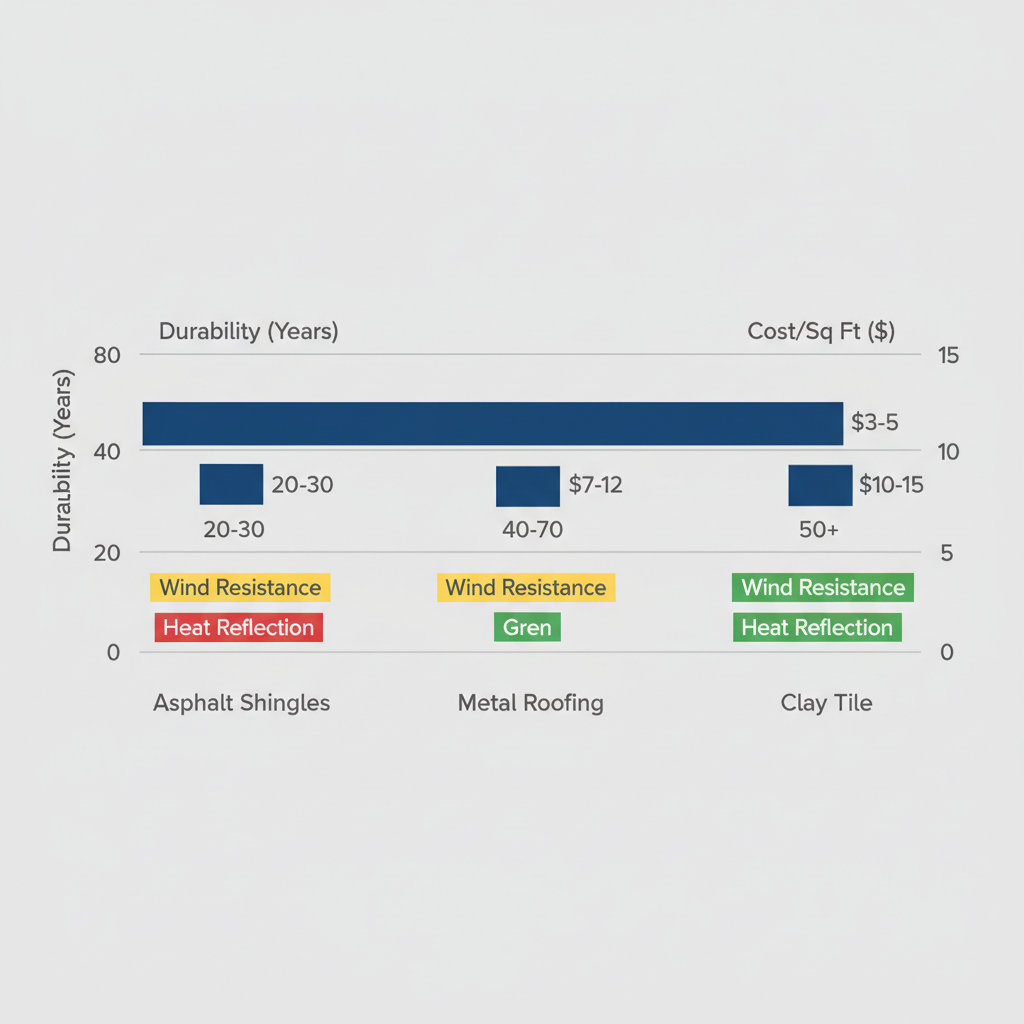 Horizontal bar chart comparing durability, cost, wind resistance, and heat reflection of asphalt shingles, metal roofing, and clay tile for San Antonio roofing.