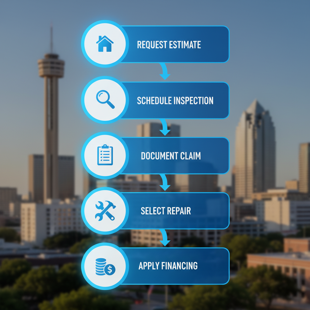 Vertical process flow diagram illustrating five steps to initiate roofing services: request estimate, schedule inspection, document insurance claim, select repair option, and apply for financing.