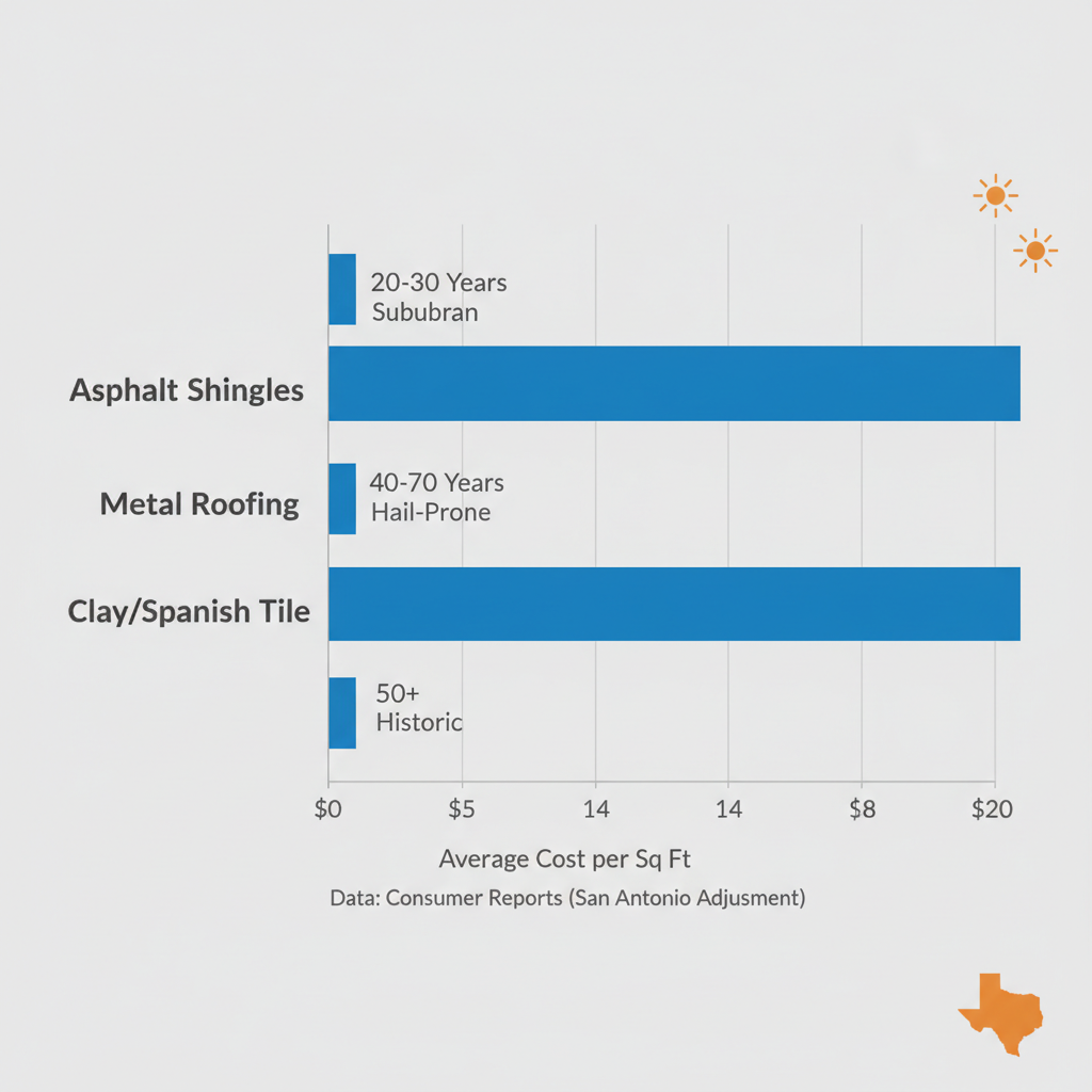 Bar chart comparing costs and durability of asphalt shingles, metal roofing, and clay/Spanish tile for San Antonio climate