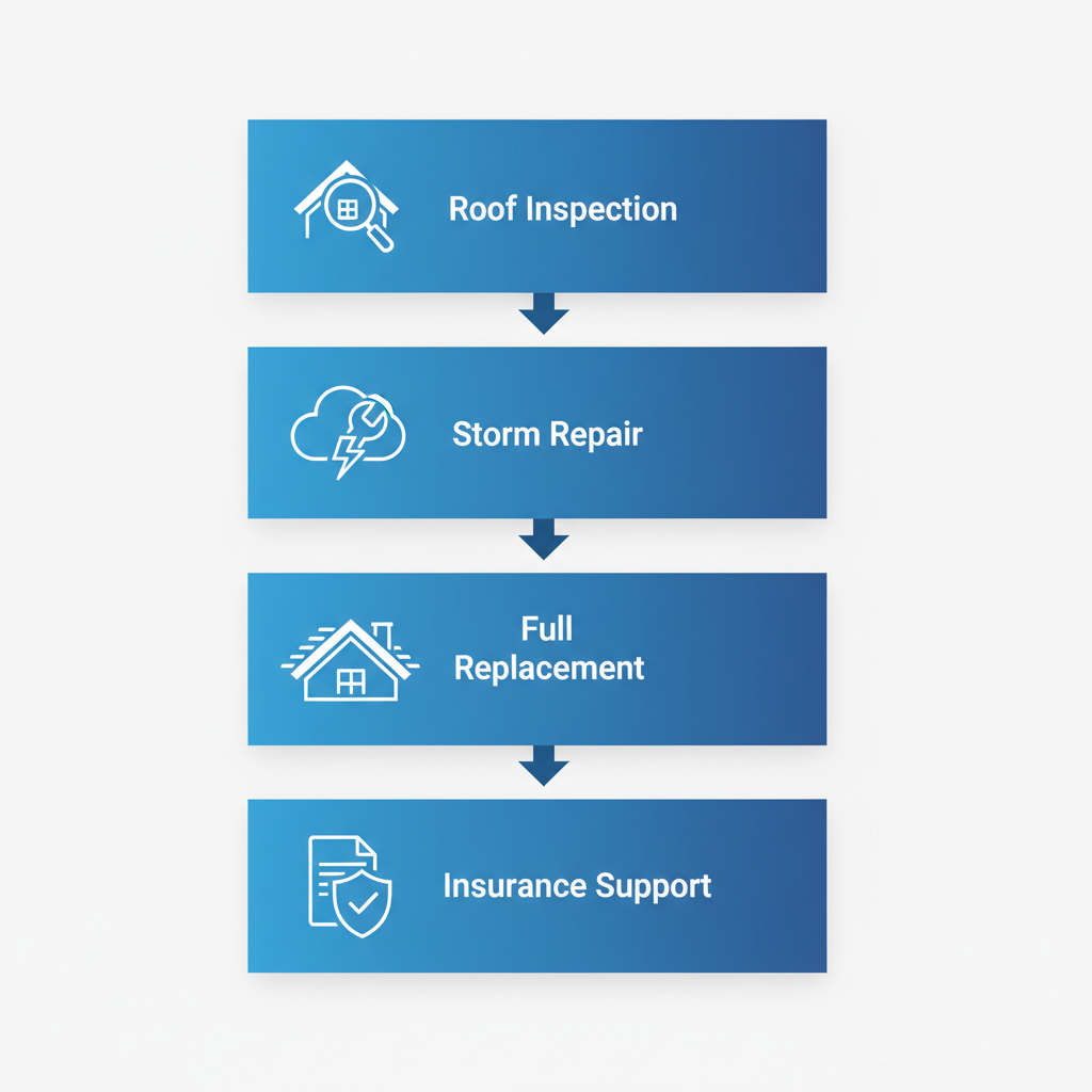 Vertical process flow diagram illustrating key roofing services: inspection, repair, replacement, and insurance support in San Antonio