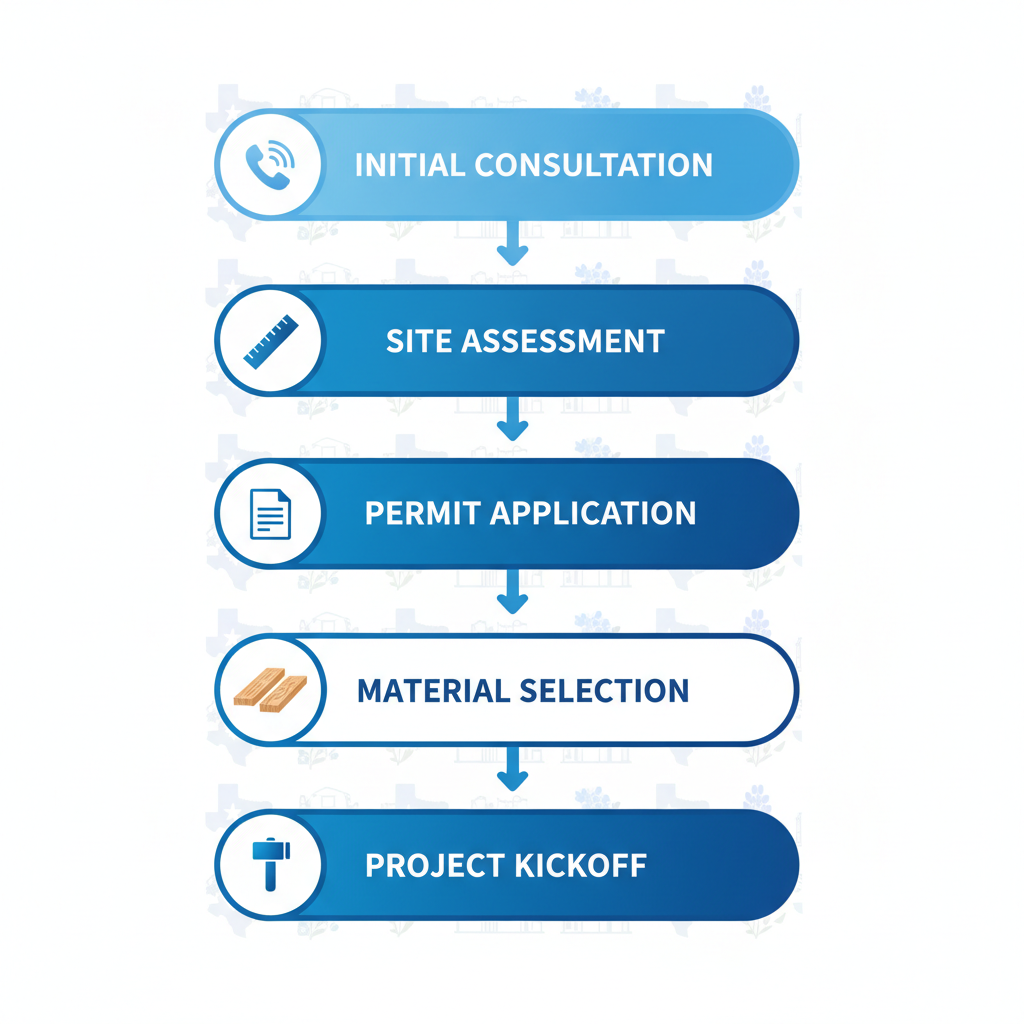 Vertical process flow diagram illustrating five key steps to launch a deck project in San Antonio with icons and minimal labels