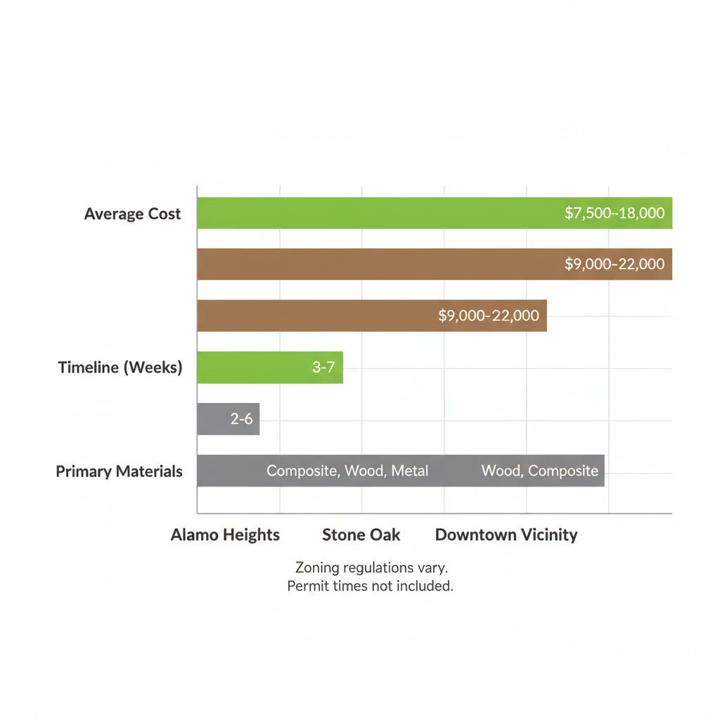 Bar chart comparing deck building costs, timelines, materials, and zoning in Alamo Heights, Stone Oak, and Downtown San Antonio neighborhoods