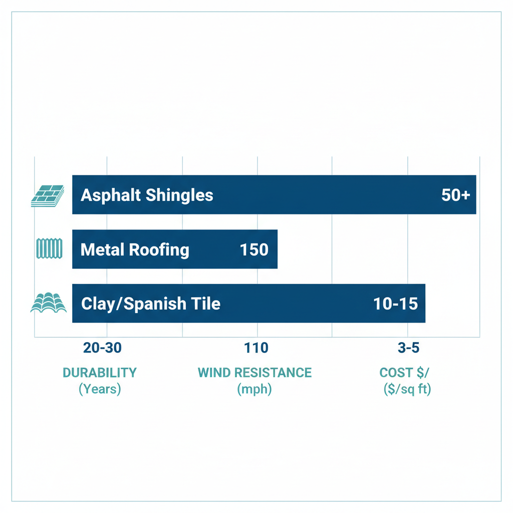 Bar chart comparing durability, wind resistance, and cost of asphalt shingles, metal roofing, and clay Spanish tile for Victoria Texas coastal homes