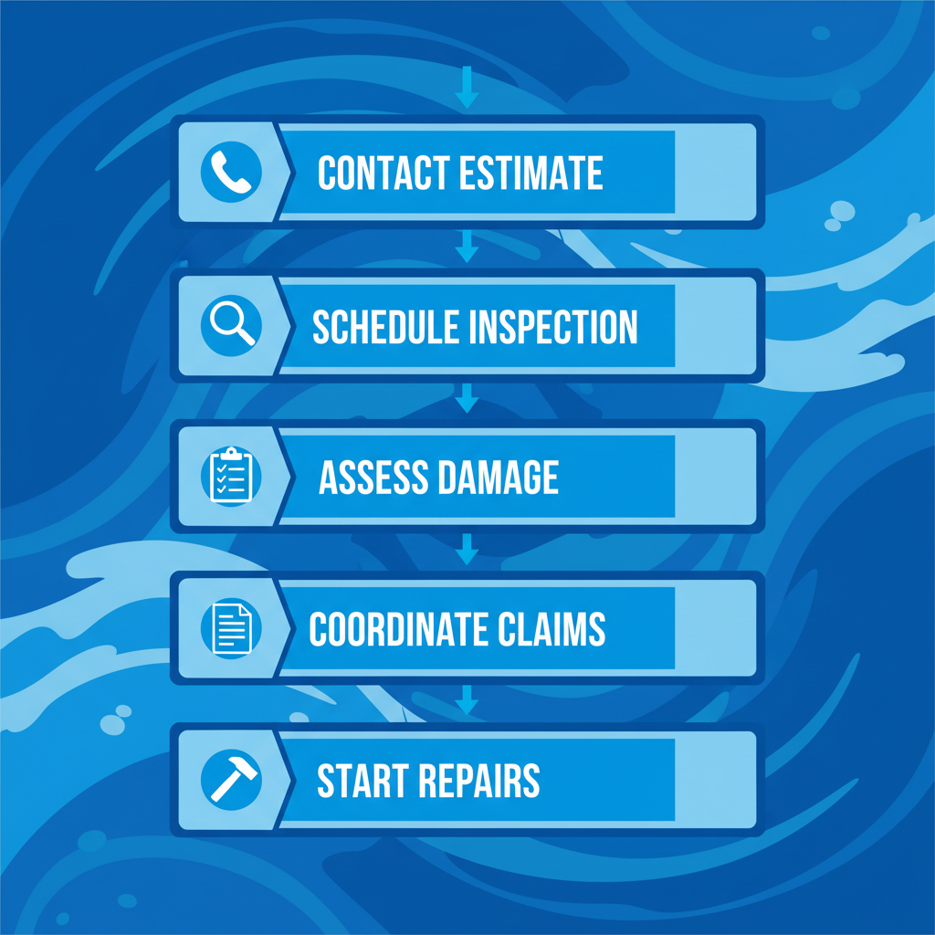 Vertical flowchart showing five steps to start a roofing project: contact for estimate, schedule inspection, assess damage, coordinate insurance claims, and begin repairs.