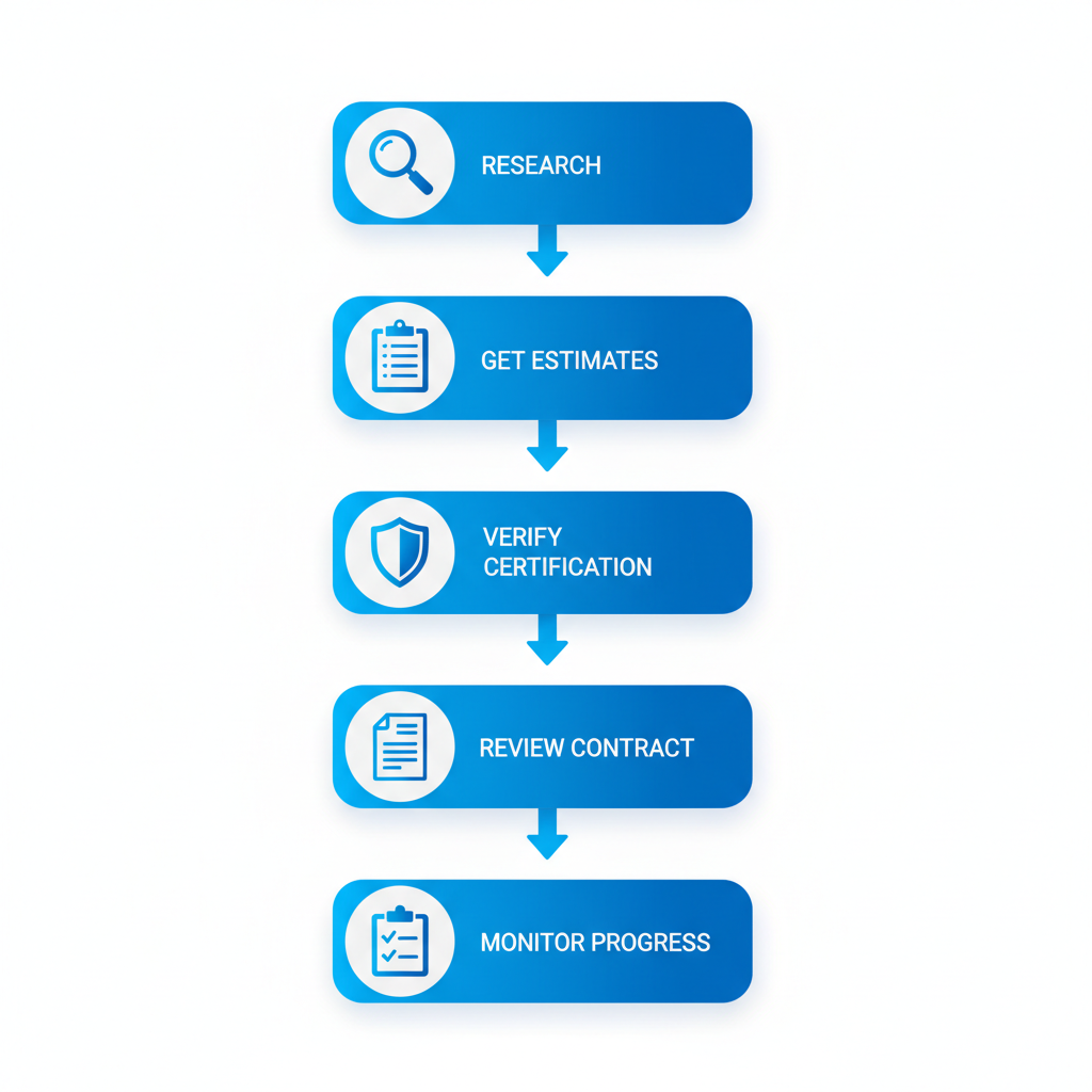 Vertical process flow diagram showing five steps to hire a roofing contractor with icons and labels