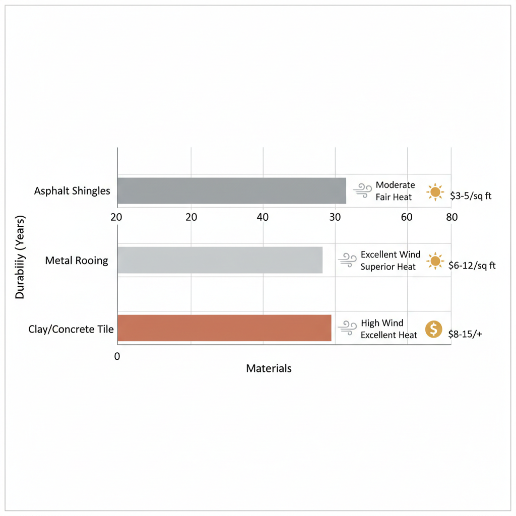 Horizontal bar chart comparing durability and features of roofing materials for San Antonio homes