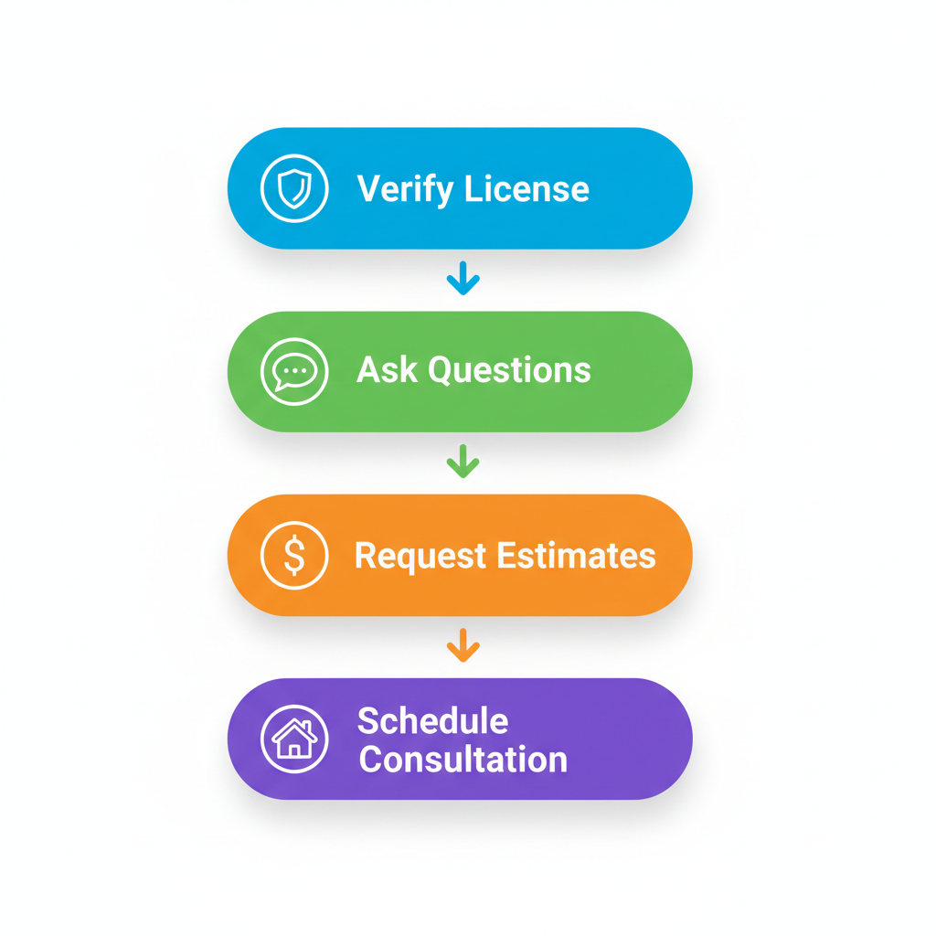 Vertical process flow diagram showing steps to hire a roofing contractor in San Antonio