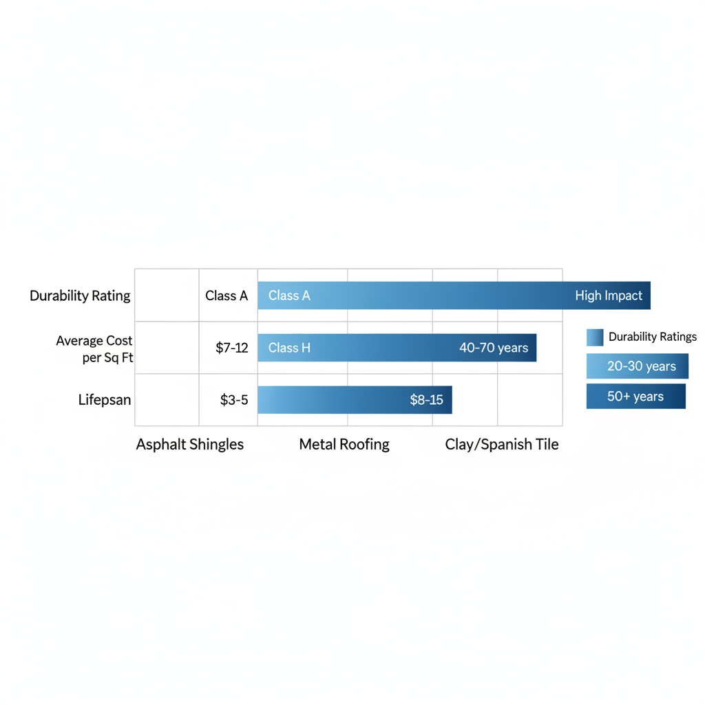 Horizontal bar chart comparing durability, cost, and lifespan of roofing materials for Victoria, Texas homes