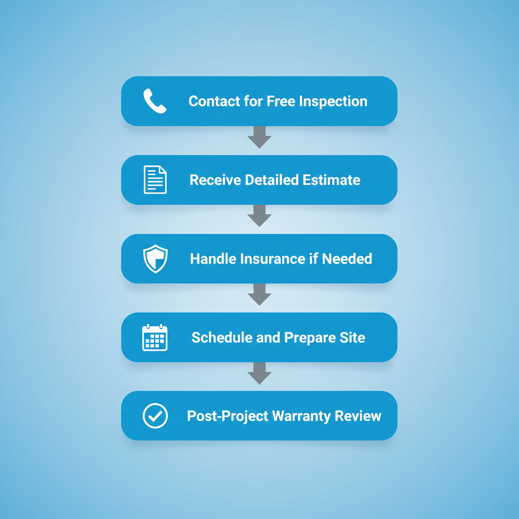 Vertical process flow diagram illustrating five steps to start a roofing project: contact for inspection, receive estimate, handle insurance, schedule site, and warranty review with icons.