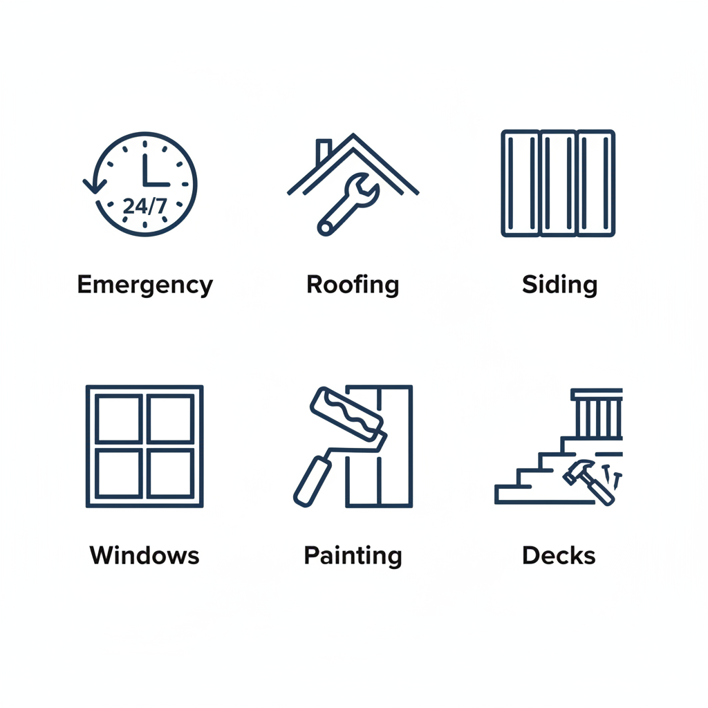 Grid of icons depicting exterior home services: emergency repairs, roofing, siding, windows, painting, and decks.