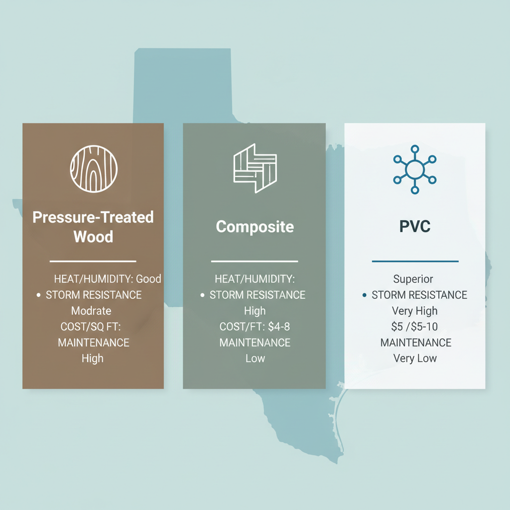 Infographic comparing deck materials: Pressure-Treated Wood, Composite, and PVC, showing durability, storm resistance, cost, and maintenance for Victoria, Texas climate