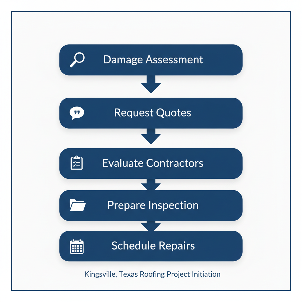 Vertical process flow diagram outlining five steps to start a roofing project in Kingsville, Texas, with icons and minimal labels.