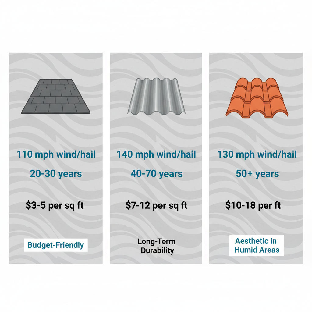 Infographic comparing asphalt shingles, metal, and clay roofing materials for Kingsville homes, showing durability, cost, and lifespan.