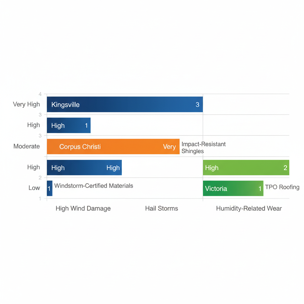 Horizontal bar chart comparing prevalence of roofing challenges like wind damage, hail storms, and humidity wear in Kingsville, Corpus Christi, and Victoria, with color-coded bars and minimal solution labels.