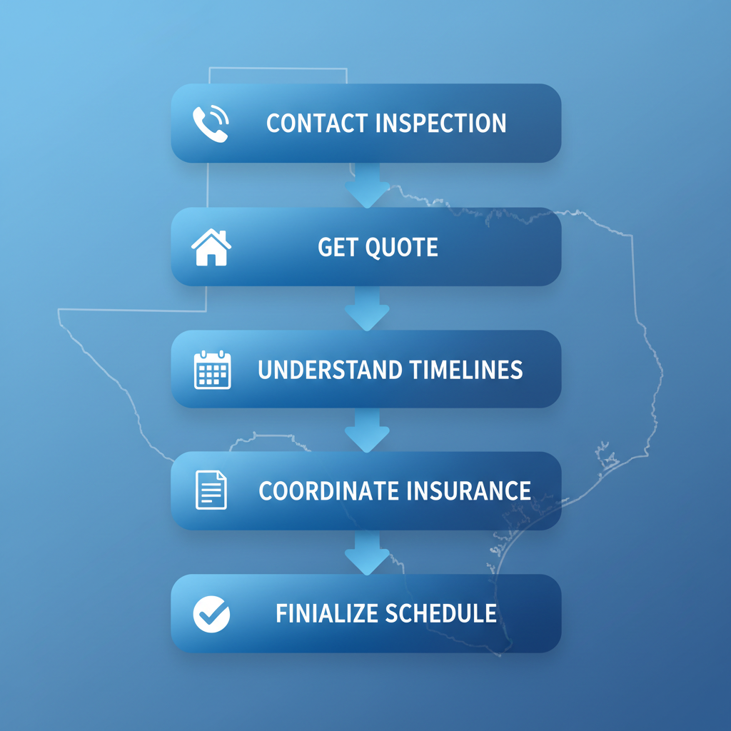 Vertical process flow diagram showing five steps to hire a roofing contractor in Kingsville with icons and labels.