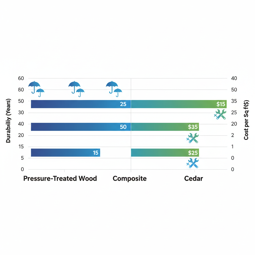 Bar chart comparing durability and cost of deck materials like pressure-treated wood, composite, and cedar for Kingsville's humid climate with weather and maintenance icons