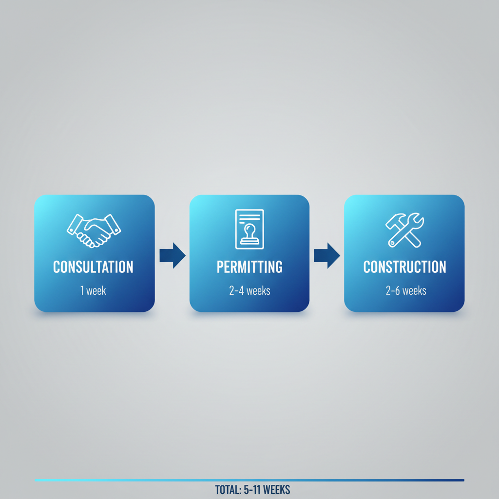 Horizontal process flow diagram showing three key phases of a deck project: consultation, permitting, and construction with icons, durations, and timeline.