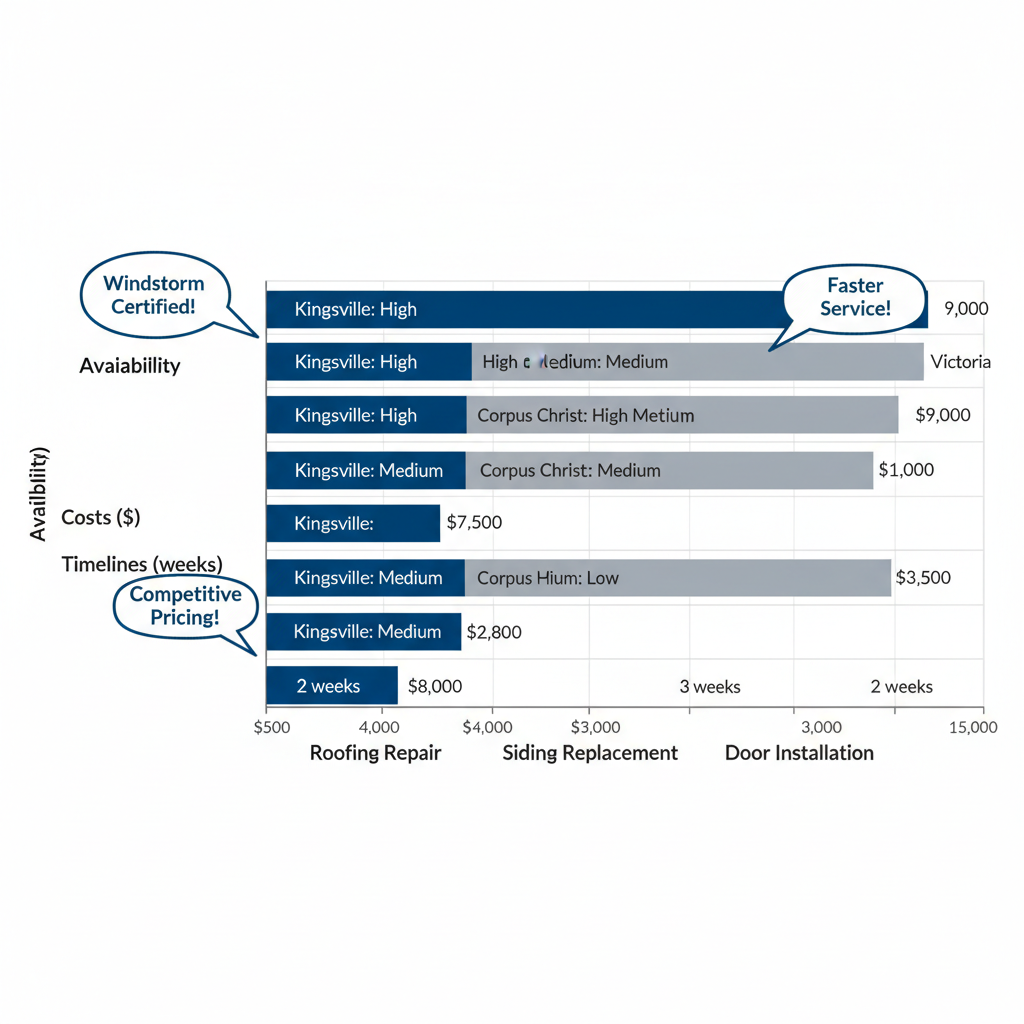 Horizontal bar chart comparing exterior home services availability, costs, and timelines in Kingsville to nearby Texas areas.
