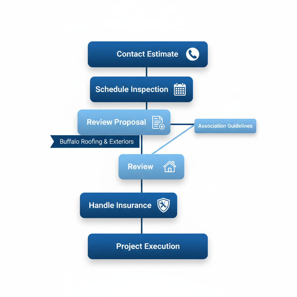 Vertical process flow diagram illustrating five steps to start an exterior project with Buffalo Roofing & Exteriors