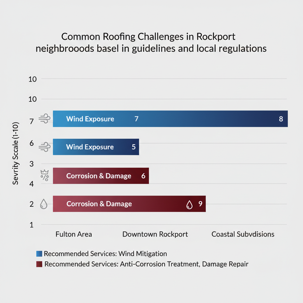 Horizontal bar chart comparing roofing challenge severity in Rockport neighborhoods with icons and color-coded bars