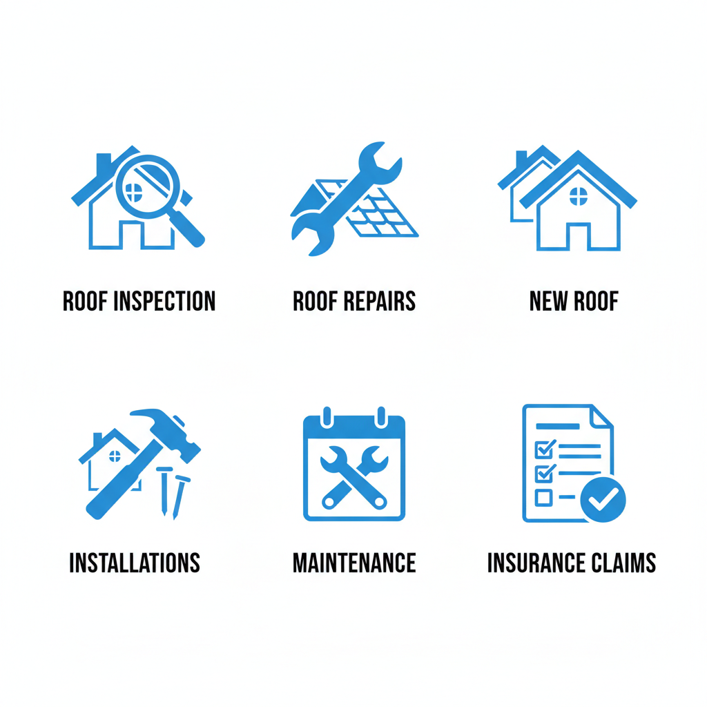 Grid of six flat blue icons representing roofing services: inspection, repairs, replacements, installations, maintenance, and insurance claims on white background