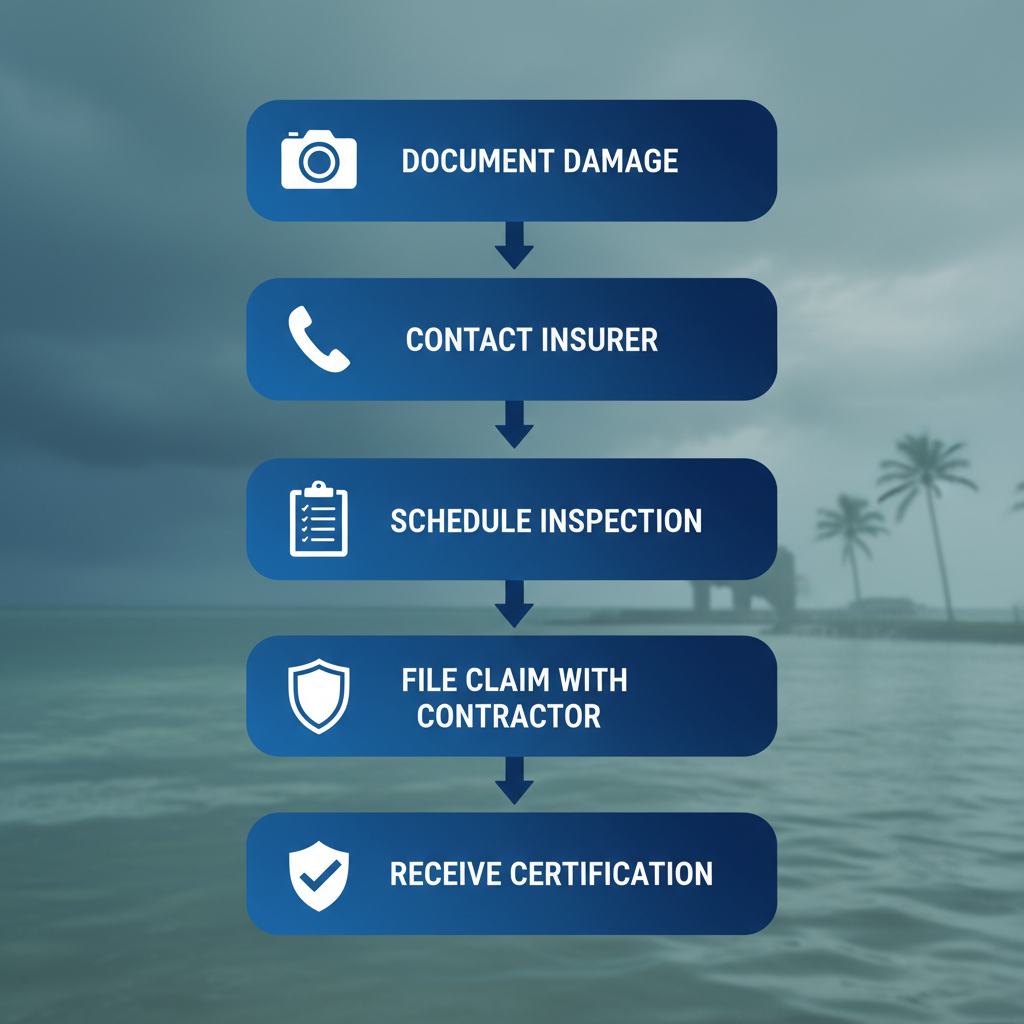 Vertical process flow diagram illustrating insurance claim steps for roof damage in Rockport, Texas, featuring five stages with icons and labels.