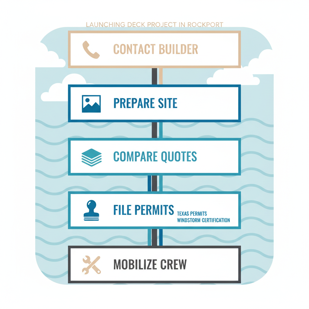 Vertical process flow diagram illustrating five steps to start a deck project in Rockport with icons and labels.