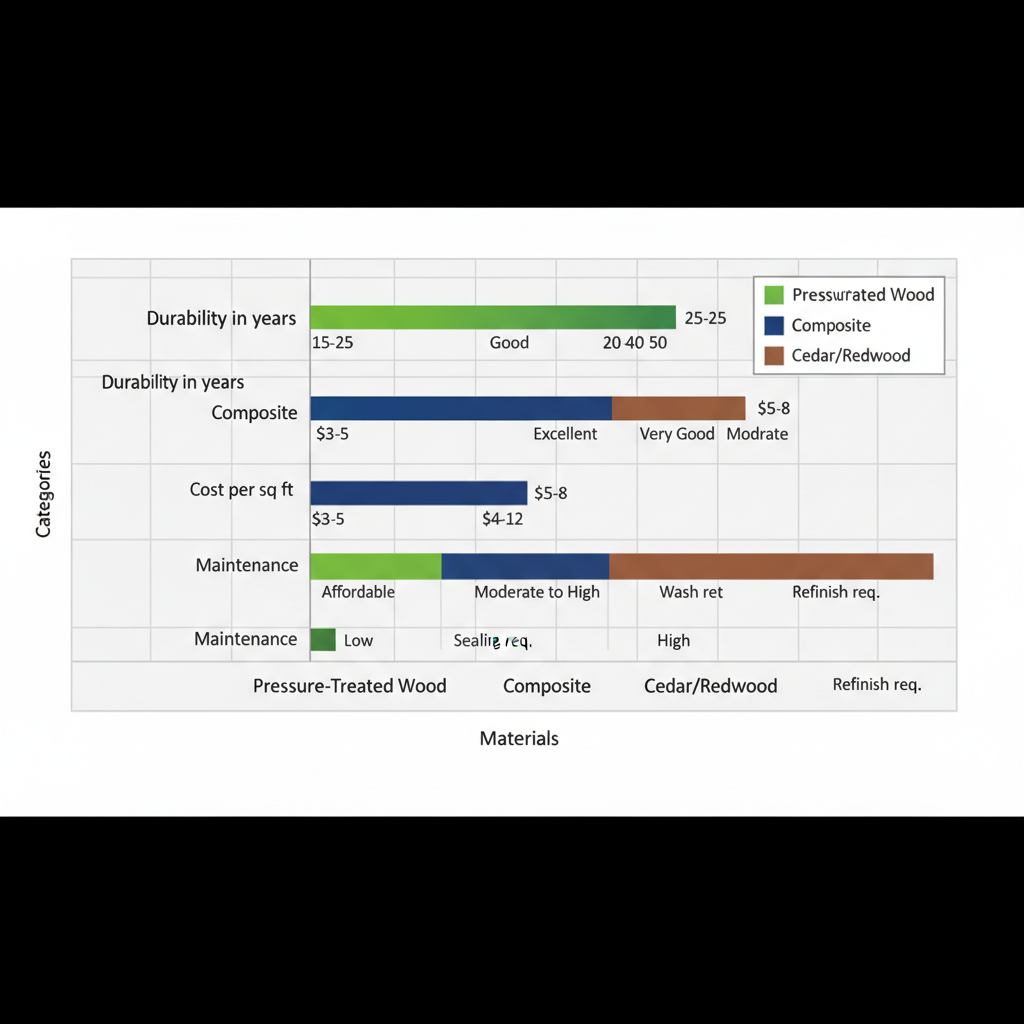 Horizontal bar chart comparing deck materials for durability, cost, and maintenance in Rockport's coastal conditions.