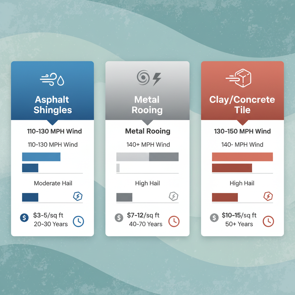Infographic comparing asphalt shingles, metal roofing, and clay/concrete tile materials for wind and hail resistance, cost, and lifespan in Rockport's coastal climate.