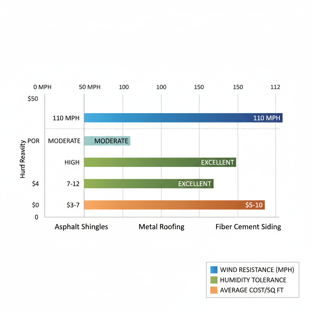 Horizontal bar chart comparing durability of exterior materials like asphalt shingles, metal roofing, and fiber cement siding in Rockport zones, showing wind resistance, humidity tolerance, and cost metrics.