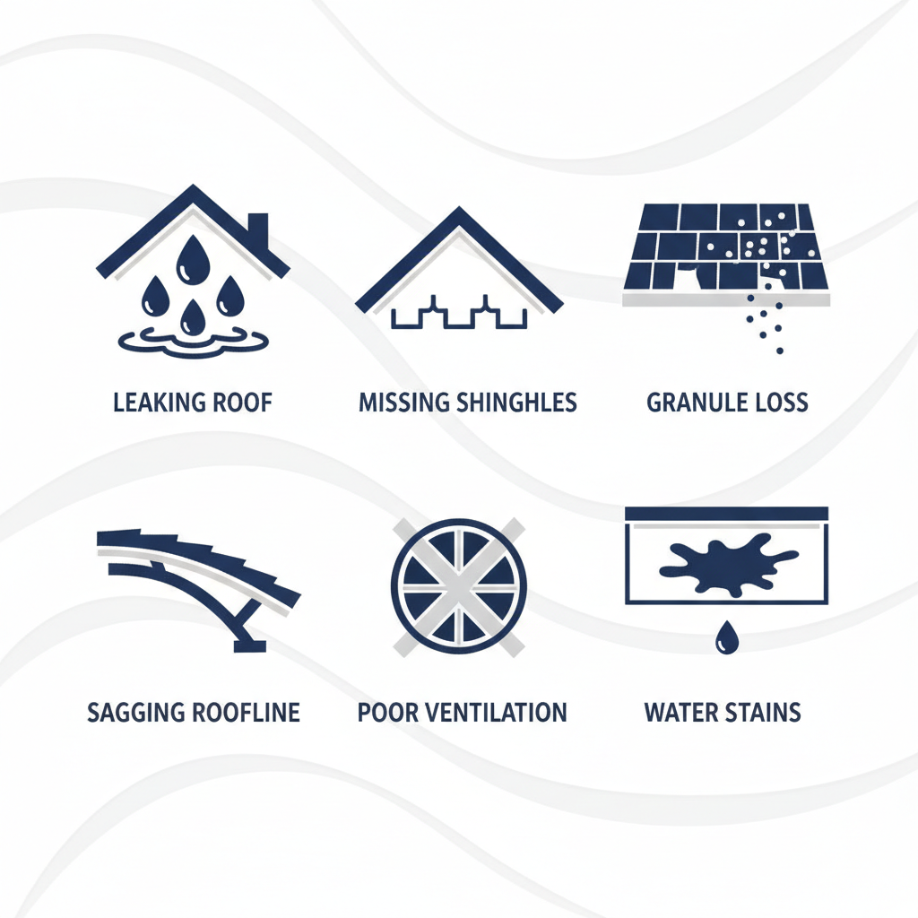 Grid of six minimalist icons representing common roofing problems in Portland, Texas coastal area including leaks, missing shingles, and water damage.