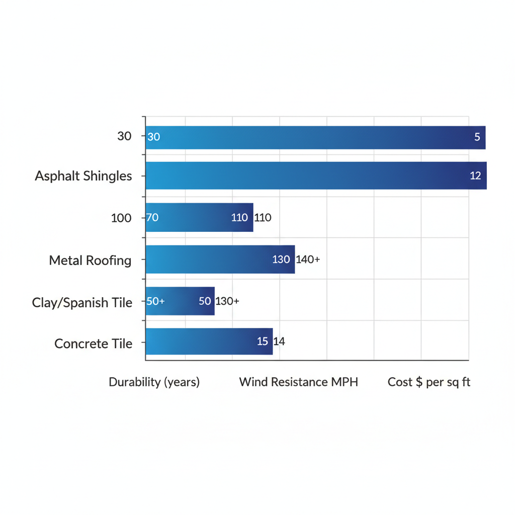 Horizontal bar graph comparing durability, wind resistance, and cost of four roofing materials for Portland, Texas weather conditions