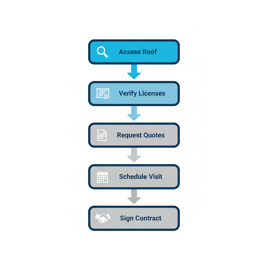 Vertical process flow diagram illustrating five key steps to hire a roofing contractor