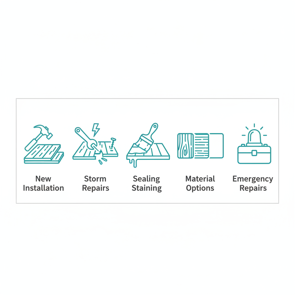 Set of five outline icons showing deck services: new installation with hammer and wood, storm repairs with wrench and board, sealing with brush, material options with samples, emergency repairs with siren and toolbox.