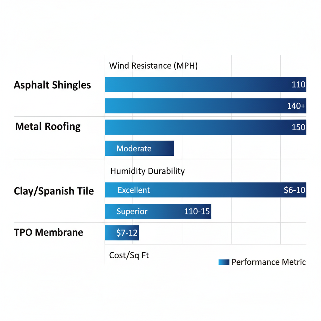 Horizontal bar chart comparing wind resistance, humidity durability, and cost of exterior materials in Portland, TX coastal areas