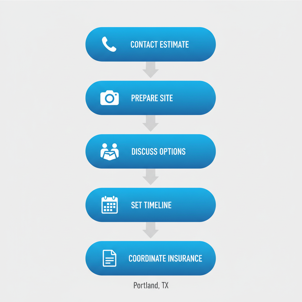 Vertical process flow diagram illustrating five steps to initiate exterior projects: contact for estimate, prepare site information, discuss options, set timeline, and coordinate insurance, featuring relevant icons.