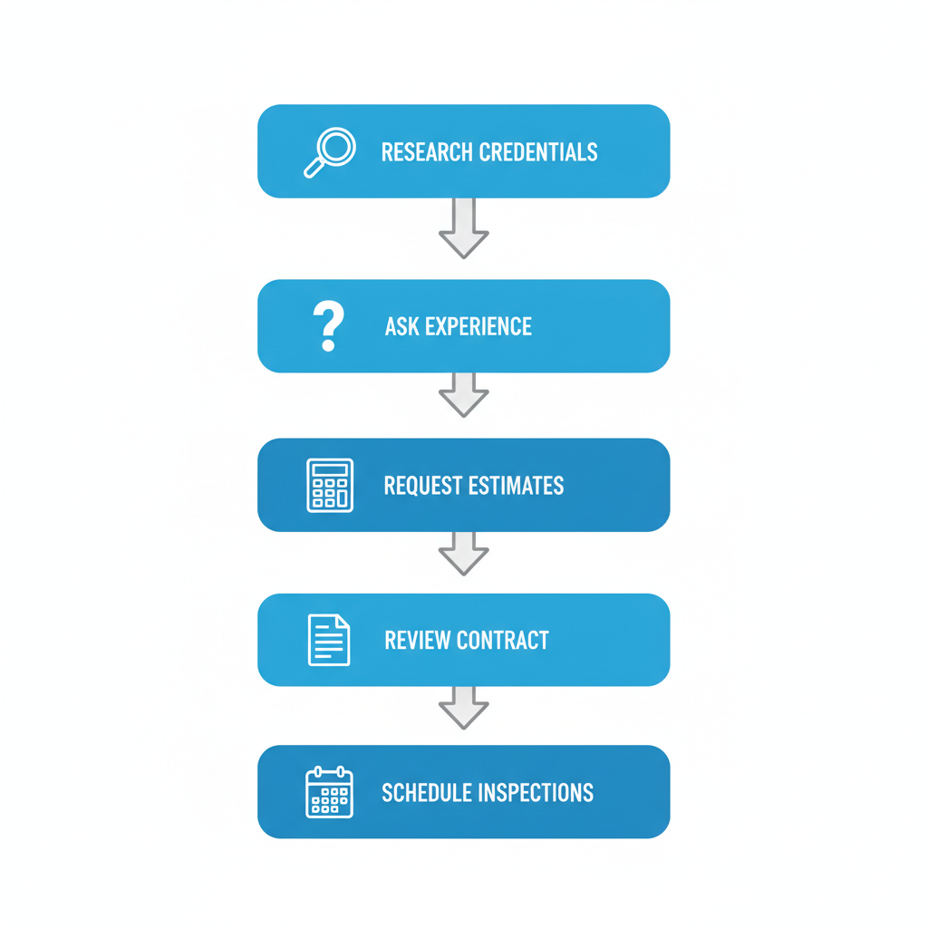 Vertical process flow diagram illustrating five steps to hire a reliable roofing contractor with icons and minimal labels.