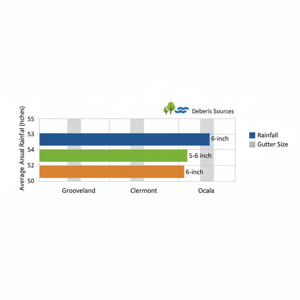 Horizontal bar chart comparing average annual rainfall and recommended gutter sizes for Groveland, Clermont, and Ocala in Central Florida
